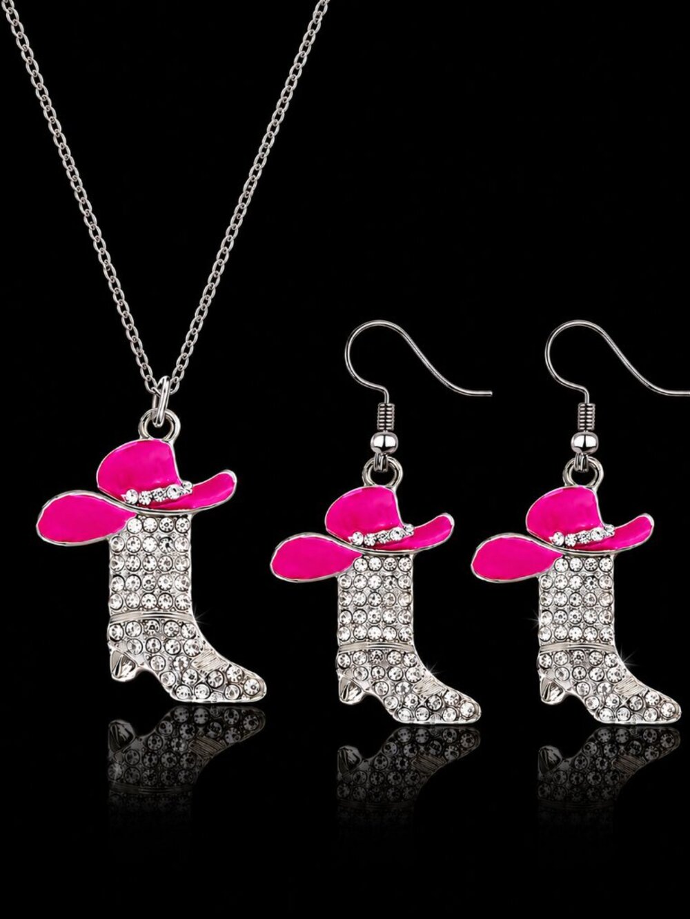 Western Cowgirl Boot & Pink Hat Rhinestone Necklace Earrings Jewelry Set
